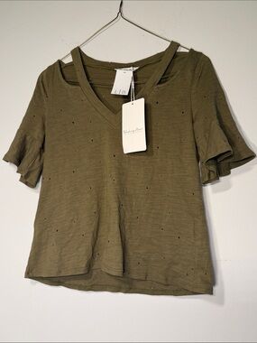 Blushing Heart Olive Green Short Sleeve V-Neck Tee with Distressed Dot Detail